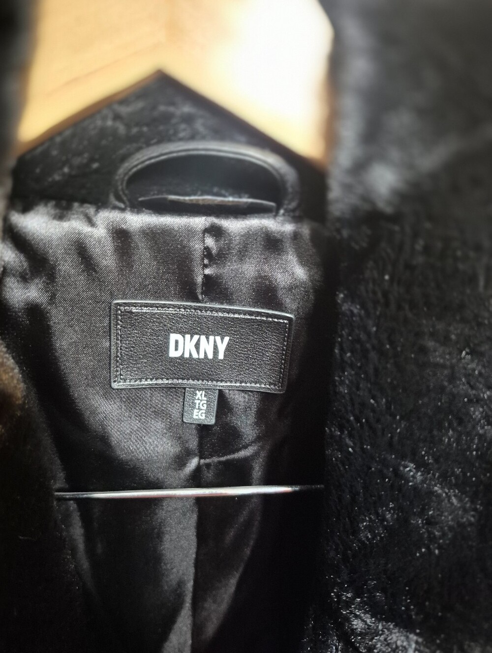 DKNY Black Faux Fur Long Coat with Notch Collar - Picture 2 of 6